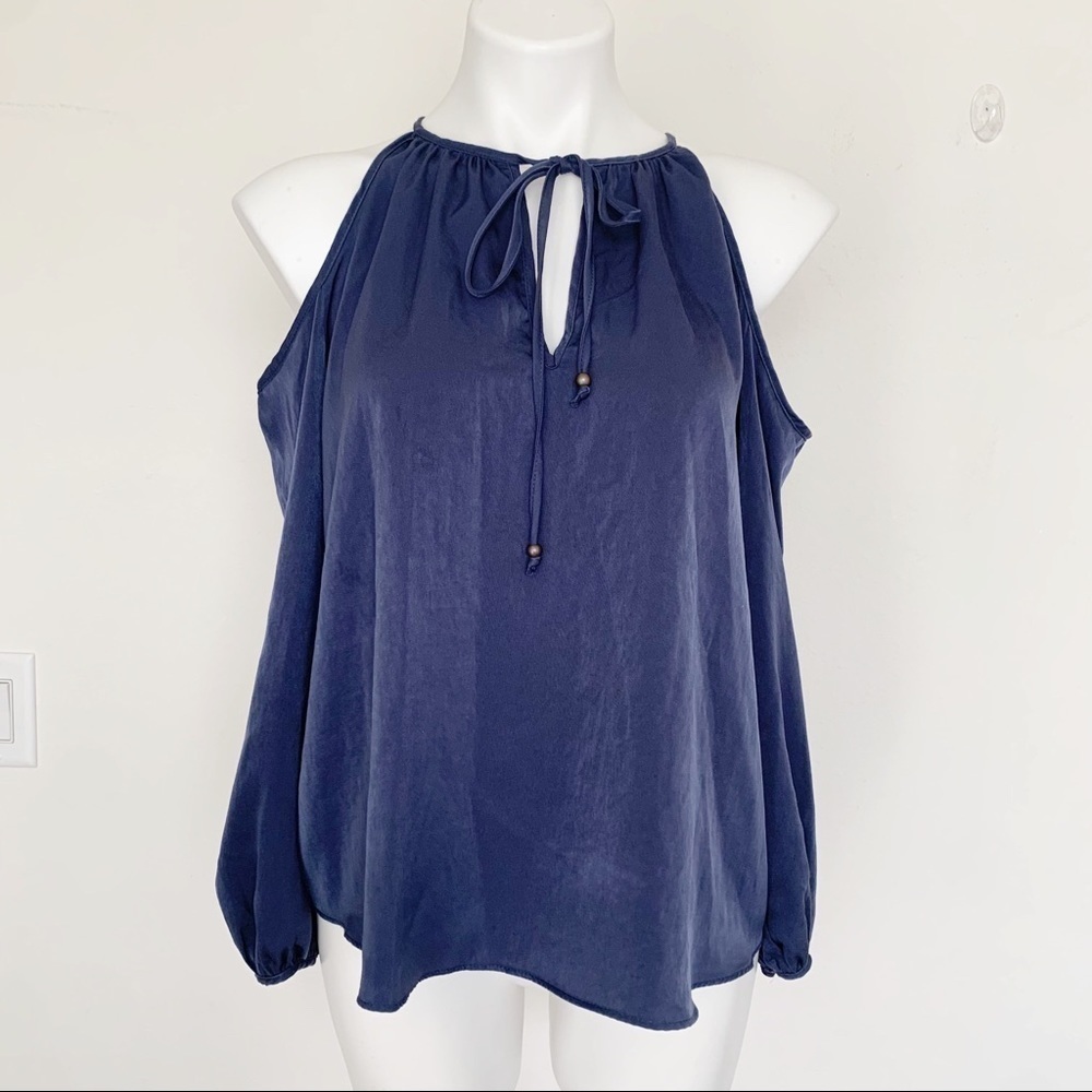 AQUA cold shoulder BLOUSE TOP satin silky blue SMALL long sleeve - Picture 3 of 13